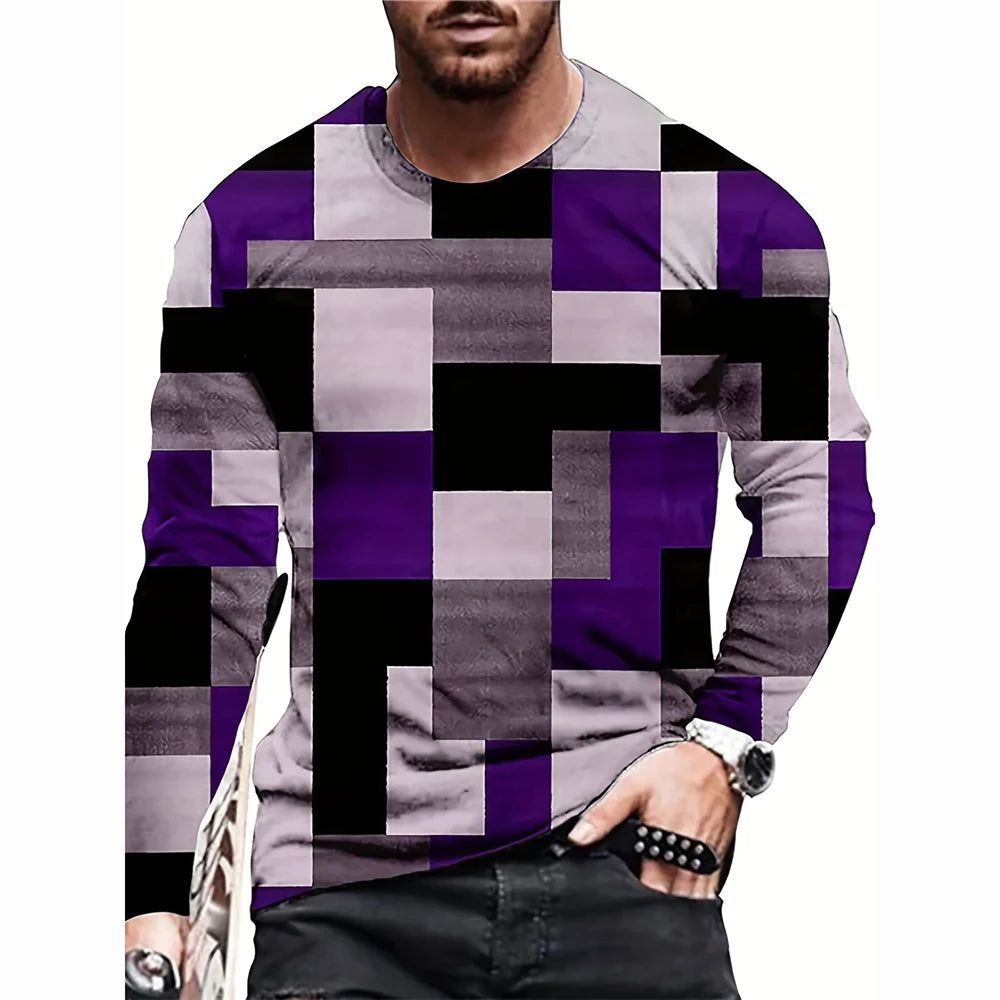 Retro Color Blocking Three Dimensional Printing Men Fall And Winter Loose Round Neck Longsleeved Casual Shirt Oversized Clothing