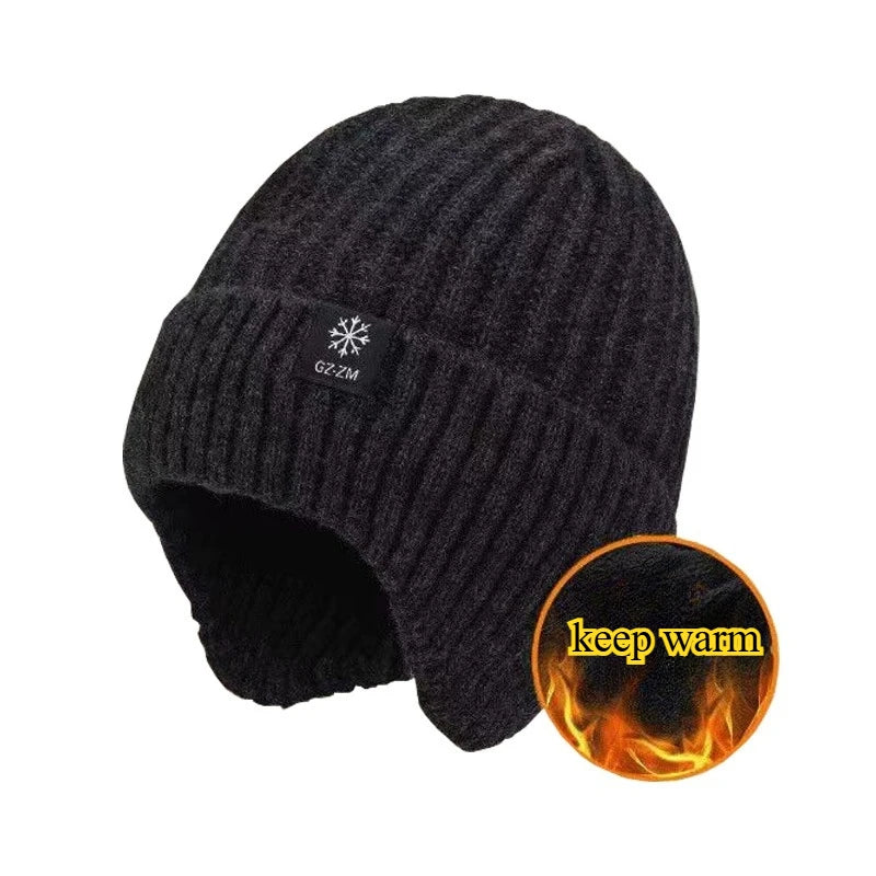 Outdoor Men Winter Knitted Hat Plush Warmth Peaked Cap Earmuff Casual Fashion Faux Fur Lined Hooded Hats Cycling Ear Protection