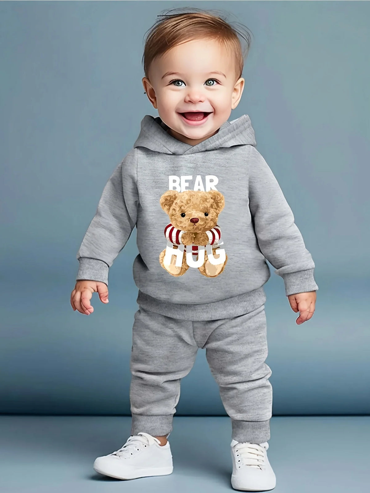 Adorable Cartoon Baby Boy Long-Sleeved Fleece Hoodie + Casual Pants Set - 2-Piece Fall/Winter Outfit