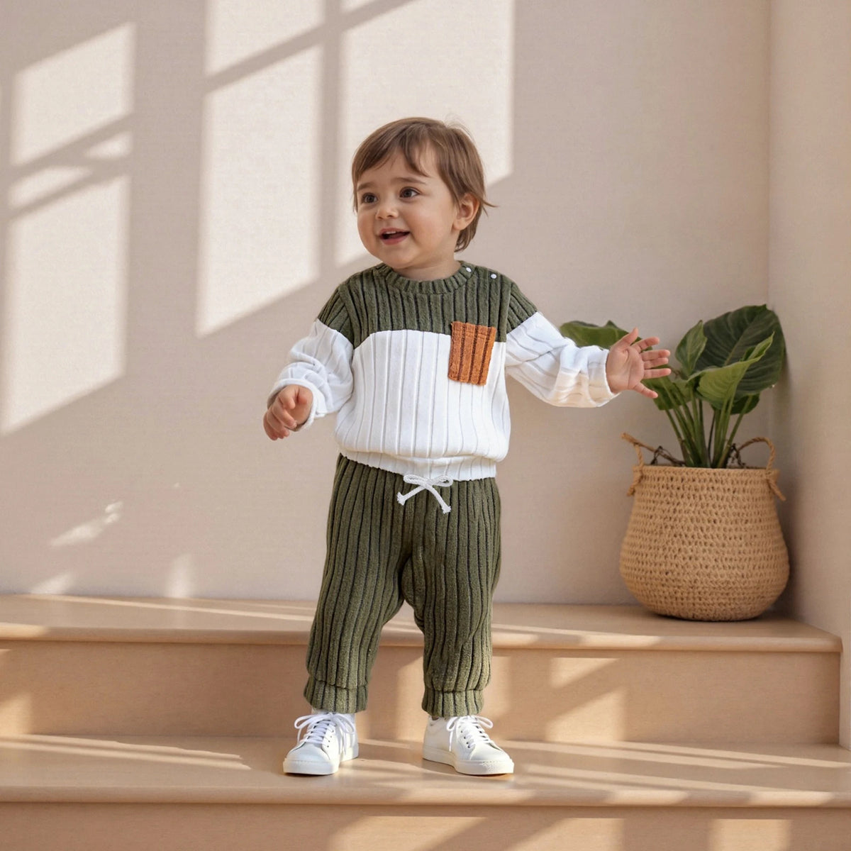 Toddler Baby Boys Clothing Set Fashionable Plush Long Sleeve Pullover with Solid Color Pants 2 Pcs Winter Outfits