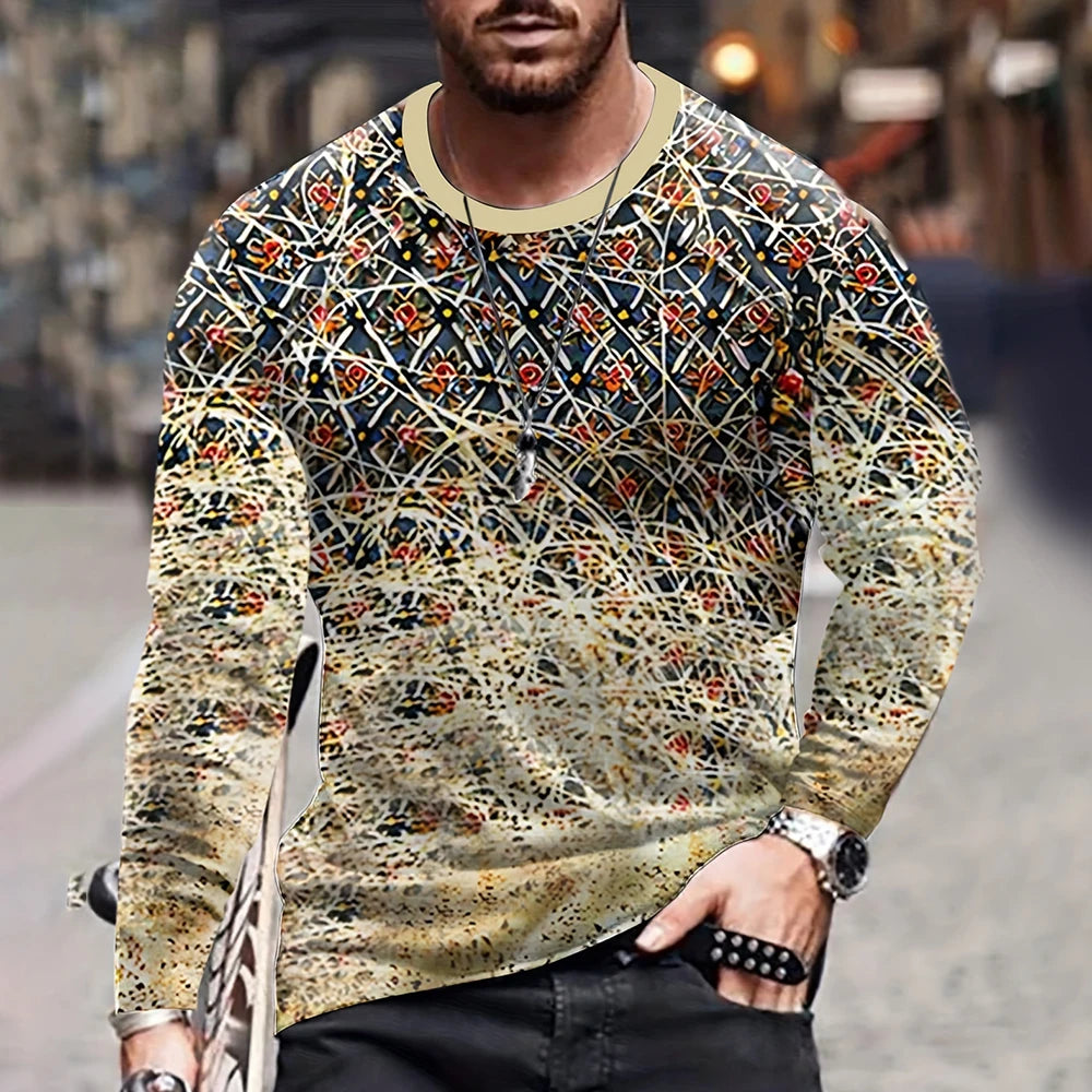 Retro Color Blocking Three Dimensional Printing Men Fall And Winter Loose Round Neck Longsleeved Casual Shirt Oversized Clothing