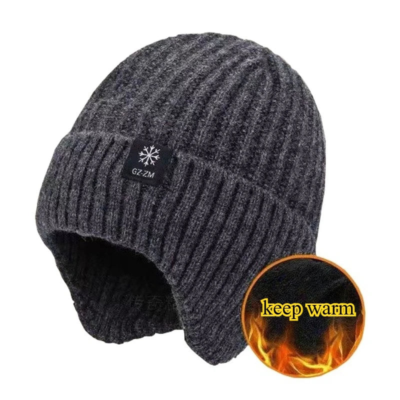 Outdoor Men Winter Knitted Hat Plush Warmth Peaked Cap Earmuff Casual Fashion Faux Fur Lined Hooded Hats Cycling Ear Protection