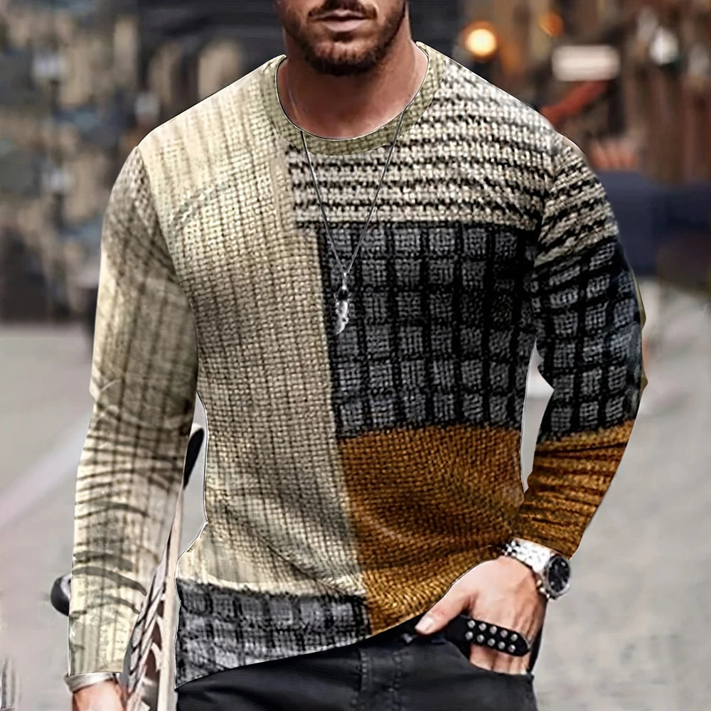 Retro Color Blocking Three Dimensional Printing Men Fall And Winter Loose Round Neck Longsleeved Casual Shirt Oversized Clothing