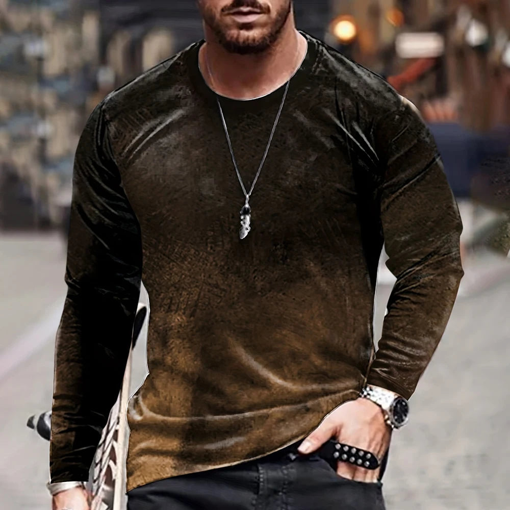 Retro Color Blocking Three Dimensional Printing Men Fall And Winter Loose Round Neck Longsleeved Casual Shirt Oversized Clothing