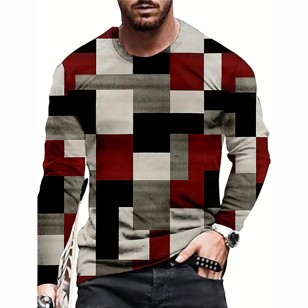 Retro Color Blocking Three Dimensional Printing Men Fall And Winter Loose Round Neck Longsleeved Casual Shirt Oversized Clothing