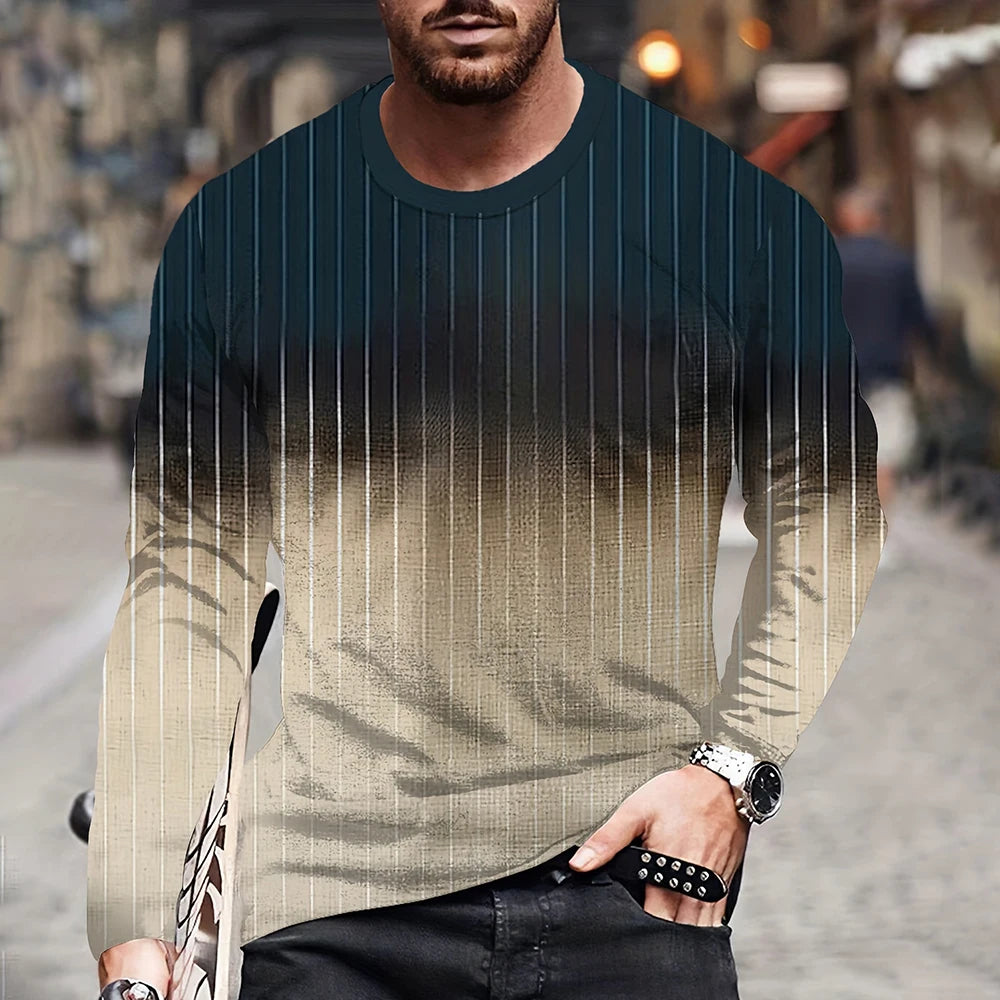 Retro Color Blocking Three Dimensional Printing Men Fall And Winter Loose Round Neck Longsleeved Casual Shirt Oversized Clothing
