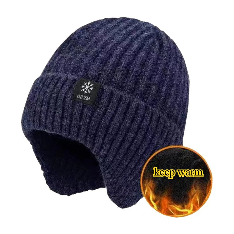 Outdoor Men Winter Knitted Hat Plush Warmth Peaked Cap Earmuff Casual Fashion Faux Fur Lined Hooded Hats Cycling Ear Protection