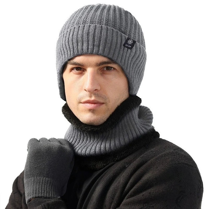 Outdoor Men Winter Knitted Hat Plush Warmth Peaked Cap Earmuff Casual Fashion Faux Fur Lined Hooded Hats Cycling Ear Protection