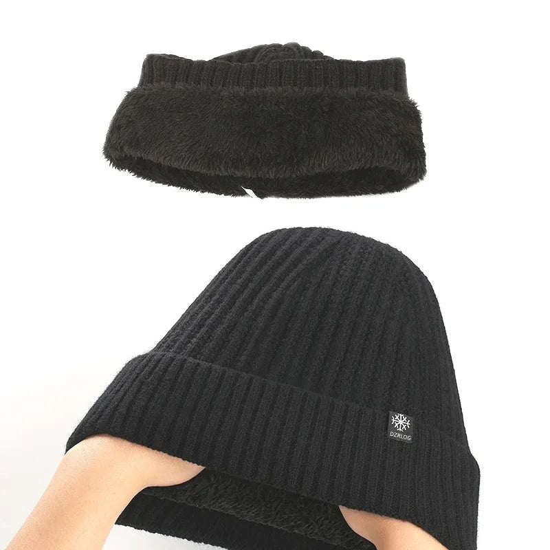 Outdoor Men Winter Knitted Hat Plush Warmth Peaked Cap Earmuff Casual Fashion Faux Fur Lined Hooded Hats Cycling Ear Protection