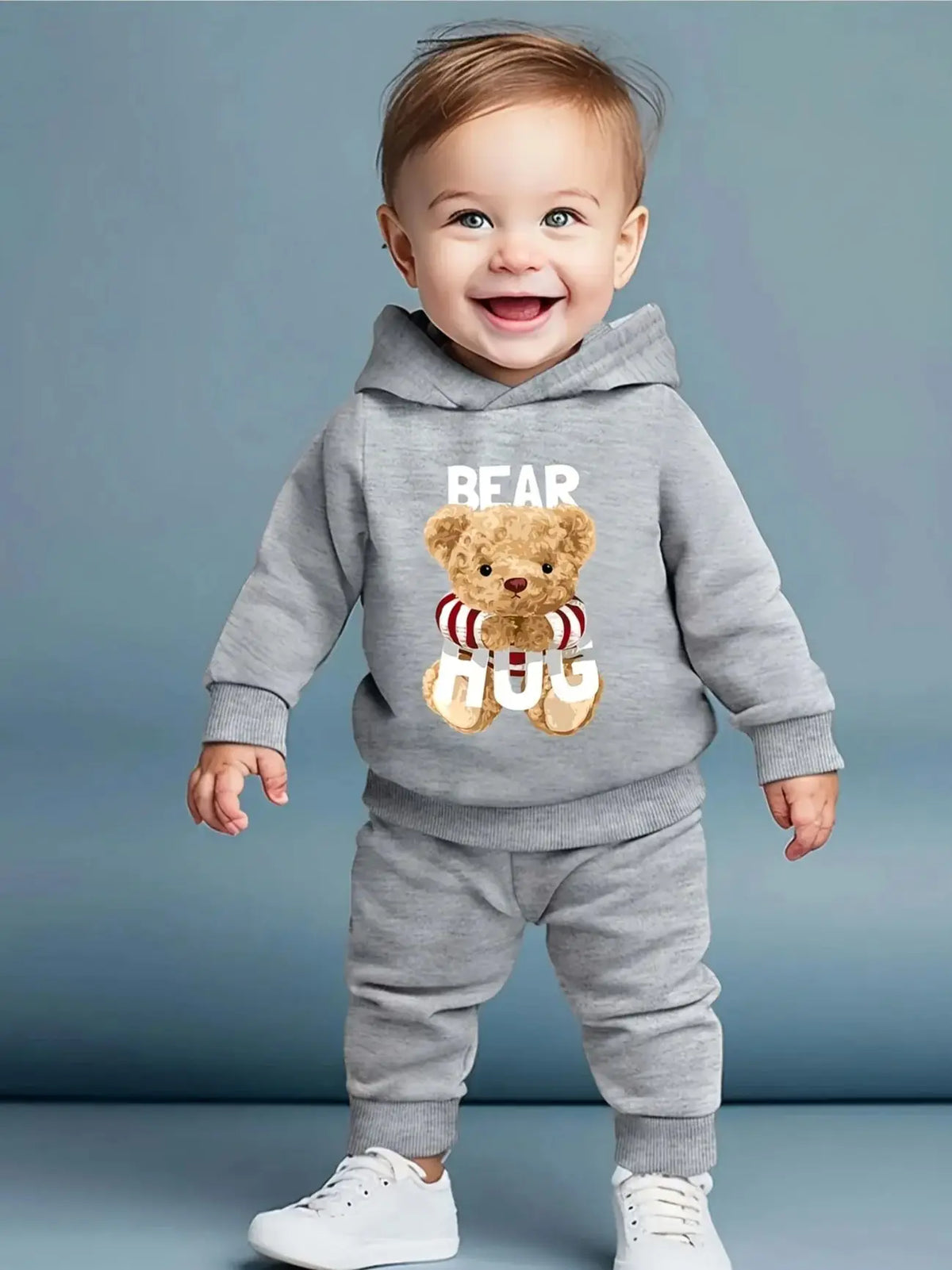 Adorable Cartoon Baby Boy Long-Sleeved Fleece Hoodie + Casual Pants Set - 2-Piece Fall/Winter Outfit