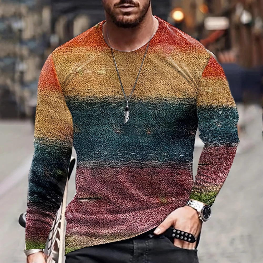 Retro Color Blocking Three Dimensional Printing Men Fall And Winter Loose Round Neck Longsleeved Casual Shirt Oversized Clothing