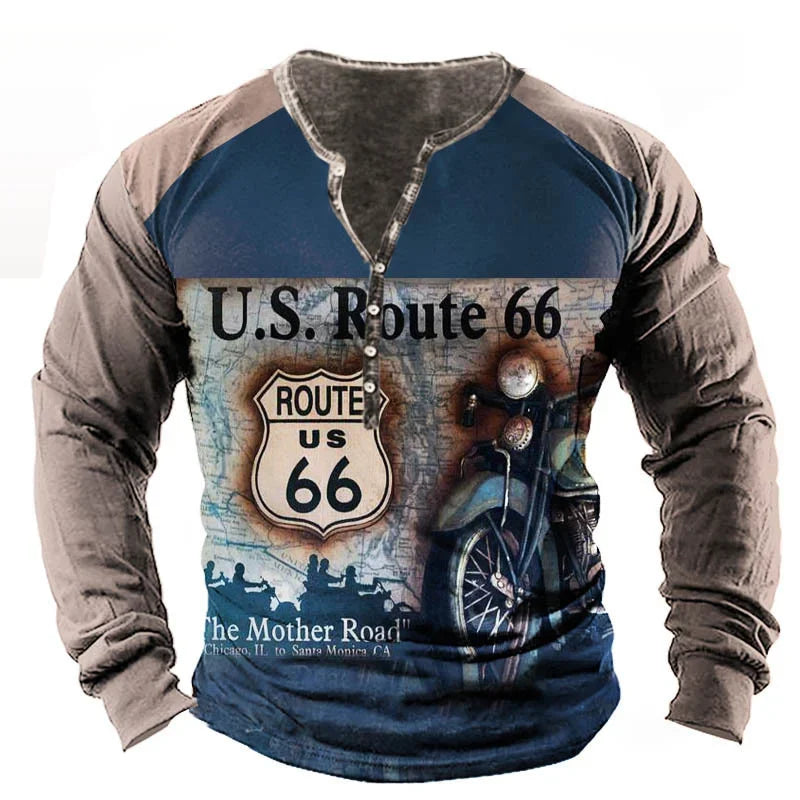 Vintage Men's T Shirt Long Sleeve Top Street Tees Usa Route 66 Letter Graphic 3d Print T-Shirt Fall Oversized Loose Clothing 4xl