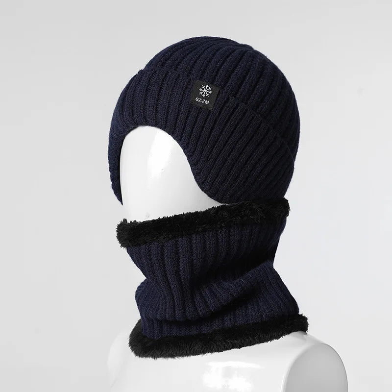 Outdoor Men Winter Knitted Hat Plush Warmth Peaked Cap Earmuff Casual Fashion Faux Fur Lined Hooded Hats Cycling Ear Protection