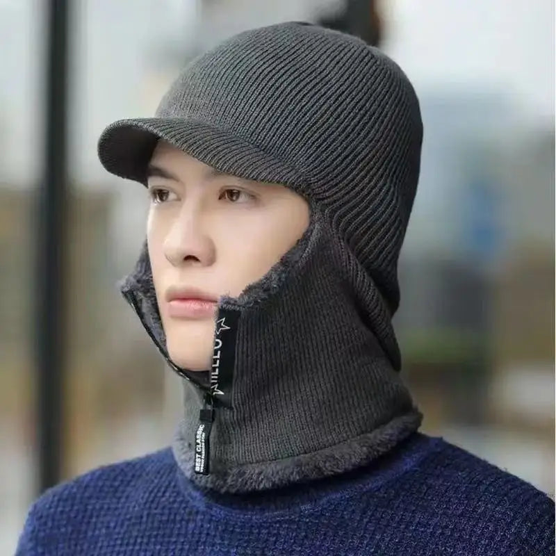 New Men Winter Warm Wool Hat Outdoor Ear Protection Hats Warm Thick Bicycle Knitted Capd Scarf Windproof Visors Cap
