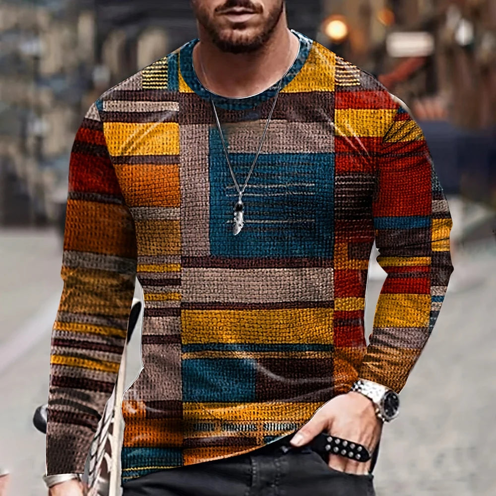 Retro Color Blocking Three Dimensional Printing Men Fall And Winter Loose Round Neck Longsleeved Casual Shirt Oversized Clothing