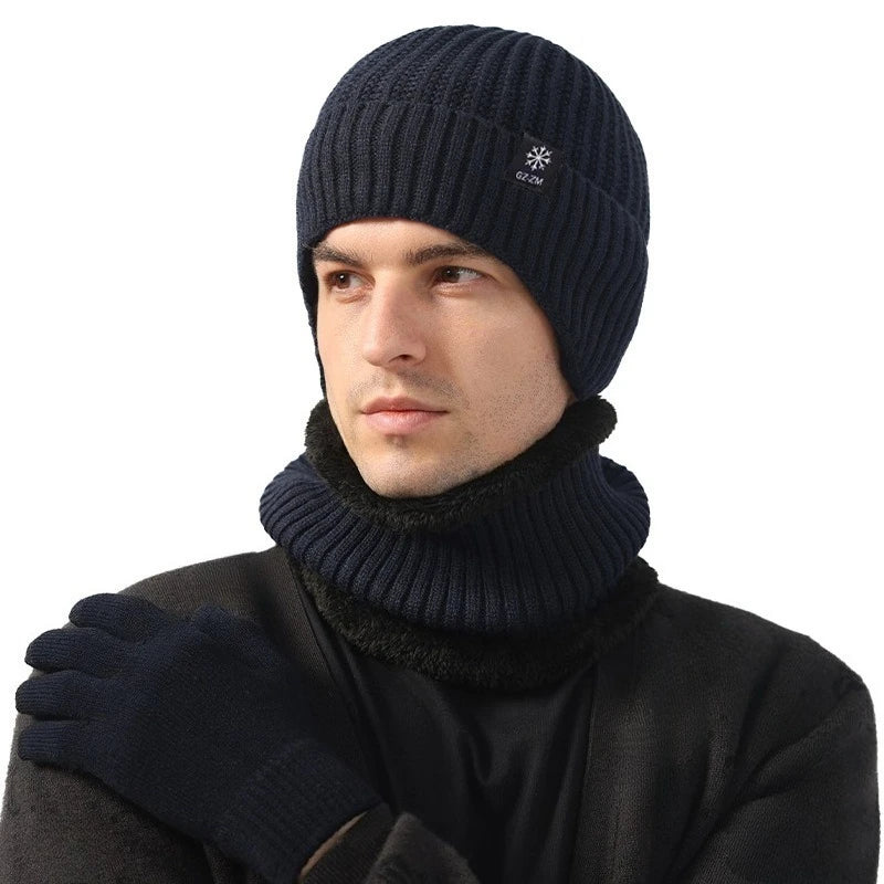 Outdoor Men Winter Knitted Hat Plush Warmth Peaked Cap Earmuff Casual Fashion Faux Fur Lined Hooded Hats Cycling Ear Protection