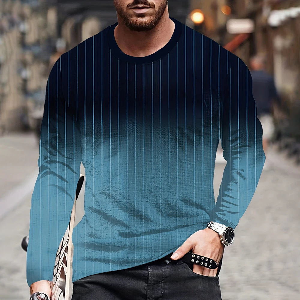 Retro Color Blocking Three Dimensional Printing Men Fall And Winter Loose Round Neck Longsleeved Casual Shirt Oversized Clothing