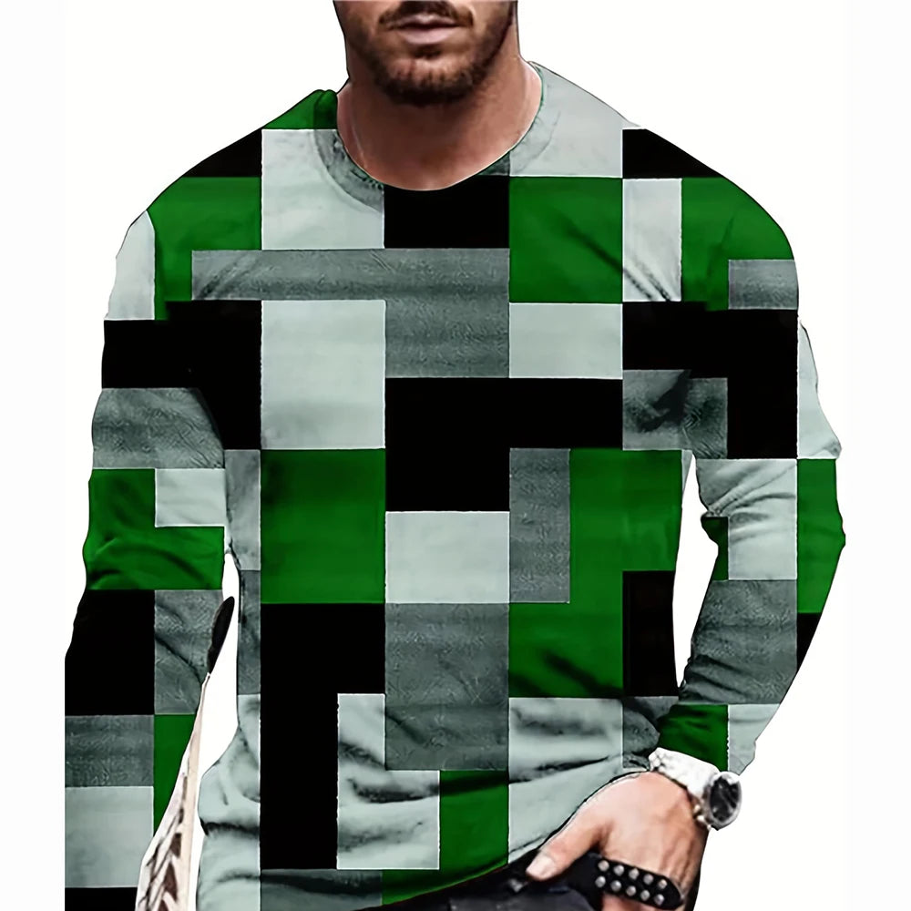 Retro Color Blocking Three Dimensional Printing Men Fall And Winter Loose Round Neck Longsleeved Casual Shirt Oversized Clothing