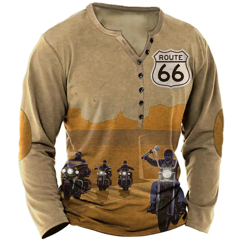 Vintage Men's T Shirt Long Sleeve Top Street Tees Usa Route 66 Letter Graphic 3d Print T-Shirt Fall Oversized Loose Clothing 4xl