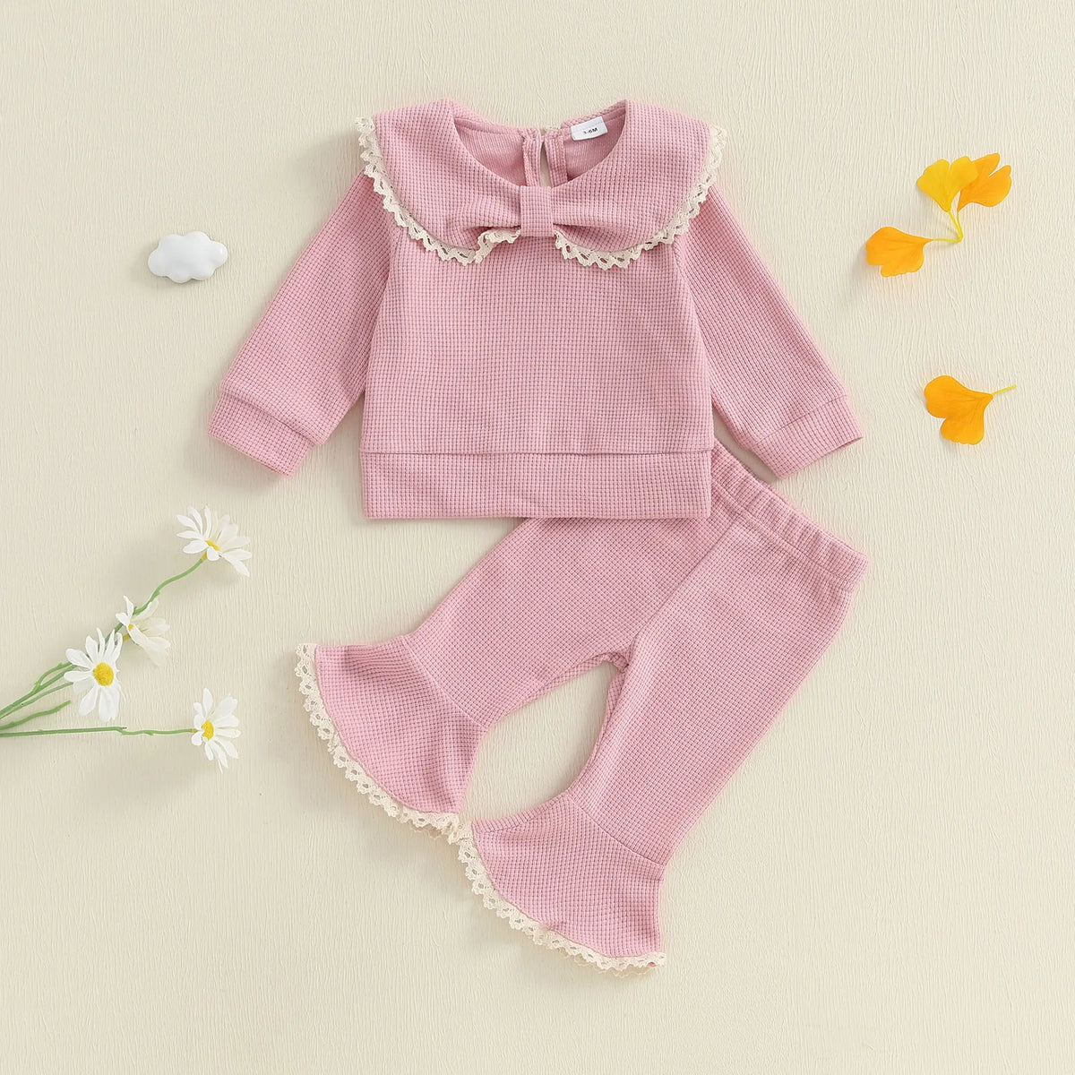 Baby Girl 2Pcs Fall Outfits Long Sleeve Bow Collar Tops Flare Pants Set Toddler Clothes