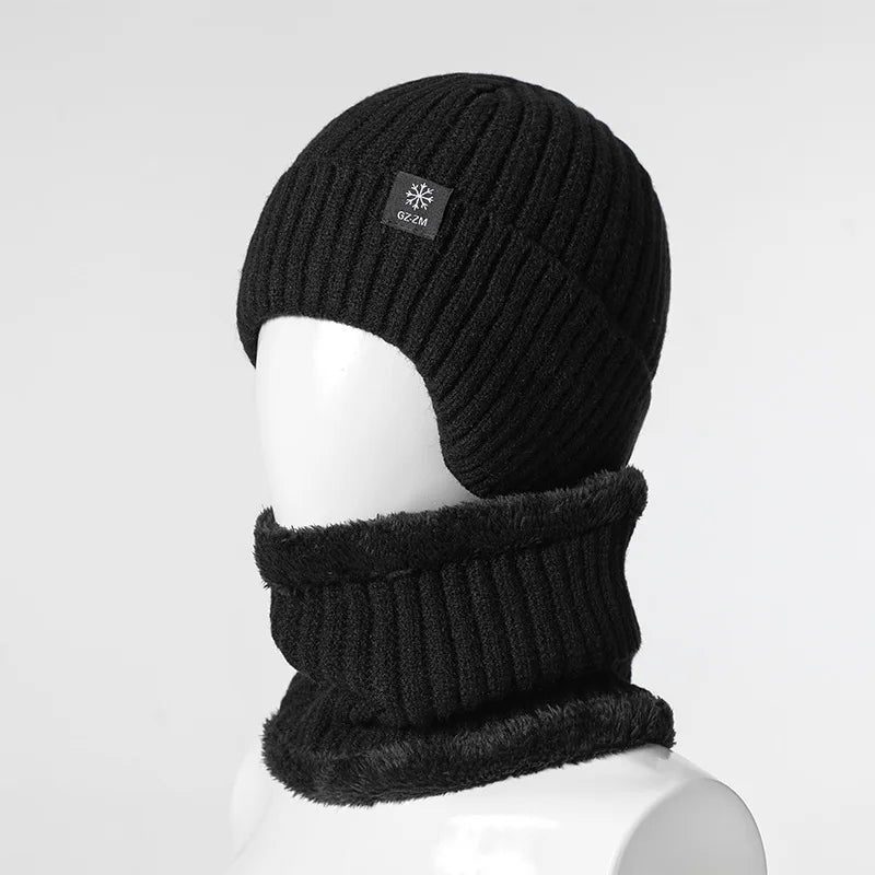 Outdoor Men Winter Knitted Hat Plush Warmth Peaked Cap Earmuff Casual Fashion Faux Fur Lined Hooded Hats Cycling Ear Protection