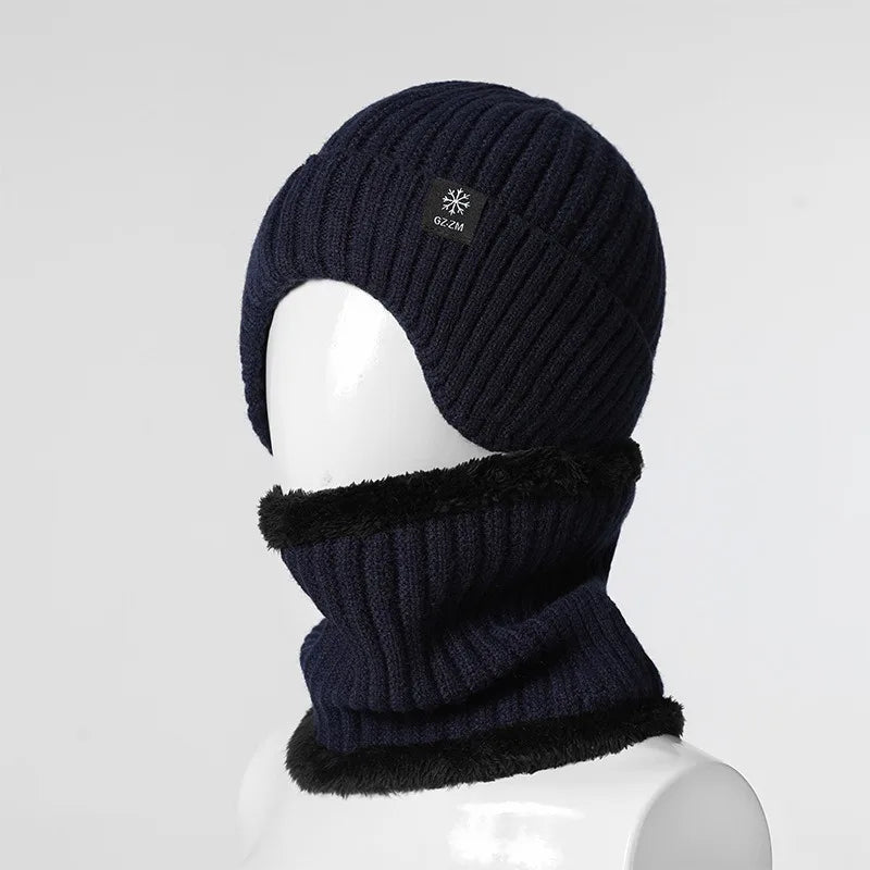 Outdoor Men Winter Knitted Hat Plush Warmth Peaked Cap Earmuff Casual Fashion Faux Fur Lined Hooded Hats Cycling Ear Protection