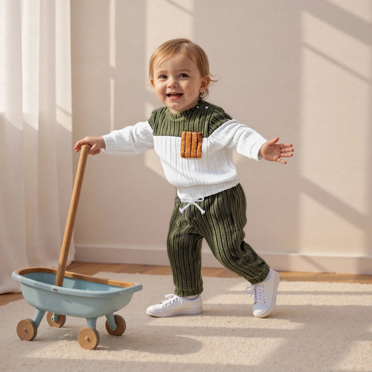 Toddler Baby Boys Clothing Set Fashionable Plush Long Sleeve Pullover with Solid Color Pants 2 Pcs Winter Outfits