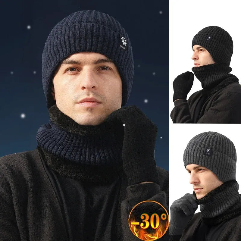 Outdoor Men Winter Knitted Hat Plush Warmth Peaked Cap Earmuff Casual Fashion Faux Fur Lined Hooded Hats Cycling Ear Protection