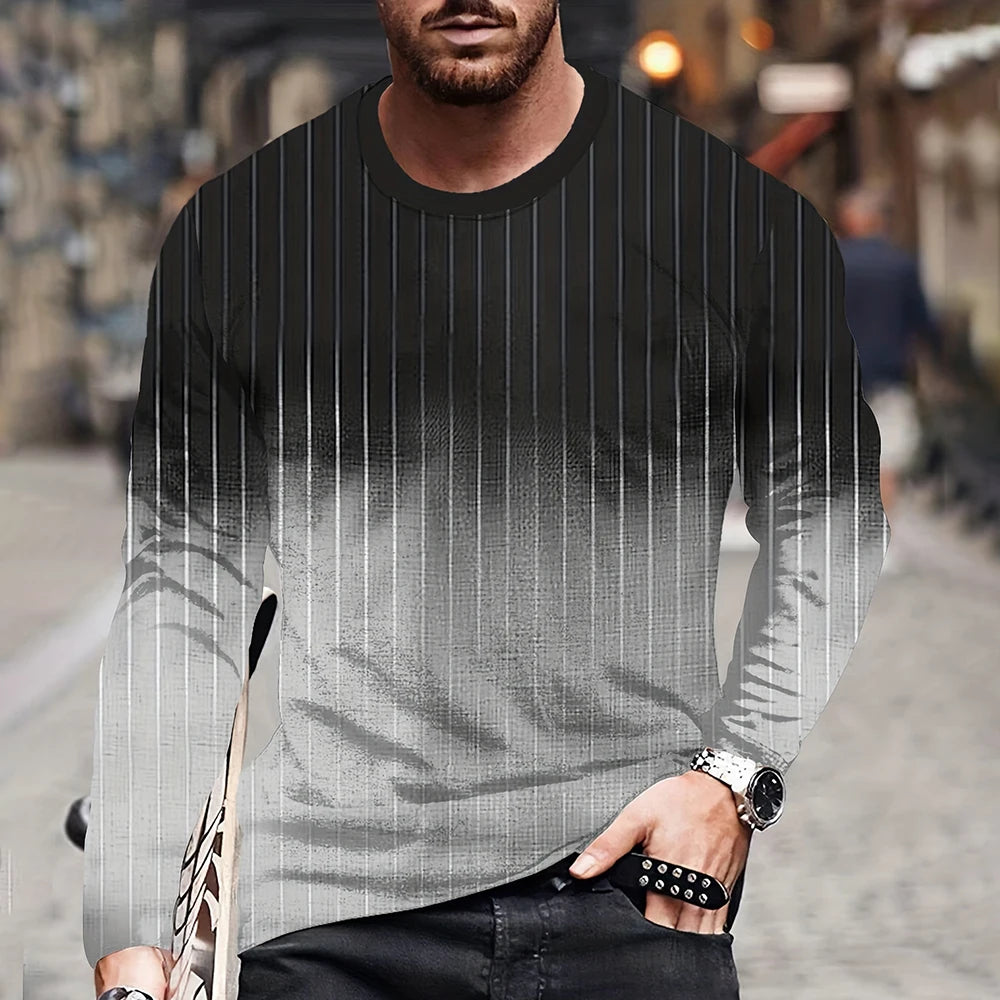 Retro Color Blocking Three Dimensional Printing Men Fall And Winter Loose Round Neck Longsleeved Casual Shirt Oversized Clothing