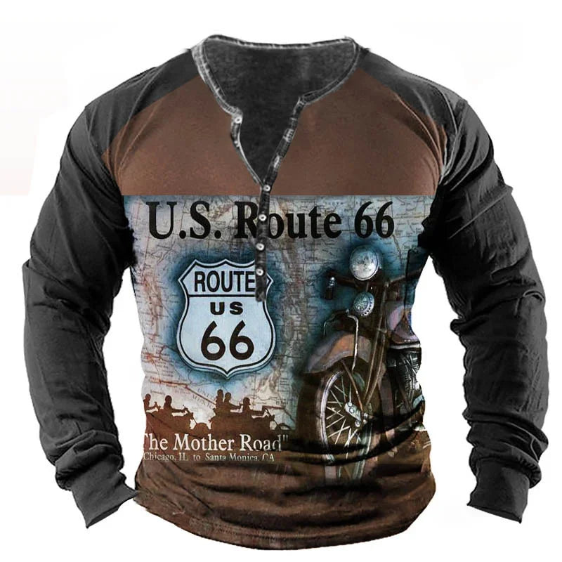 Vintage Men's T Shirt Long Sleeve Top Street Tees Usa Route 66 Letter Graphic 3d Print T-Shirt Fall Oversized Loose Clothing 4xl